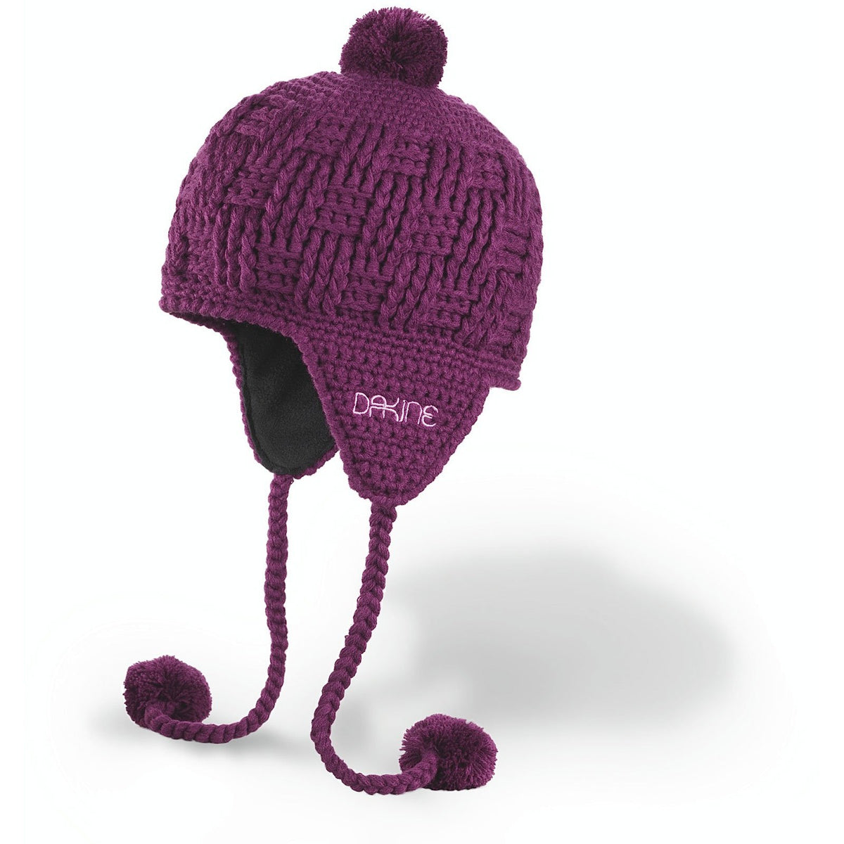 Dakine women's knit beanie in plum purple, chunky rib with earflaps and pom-pom ties