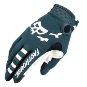Teal motorcycle riding glove with white animal graphic and black hook-and-loop cuff