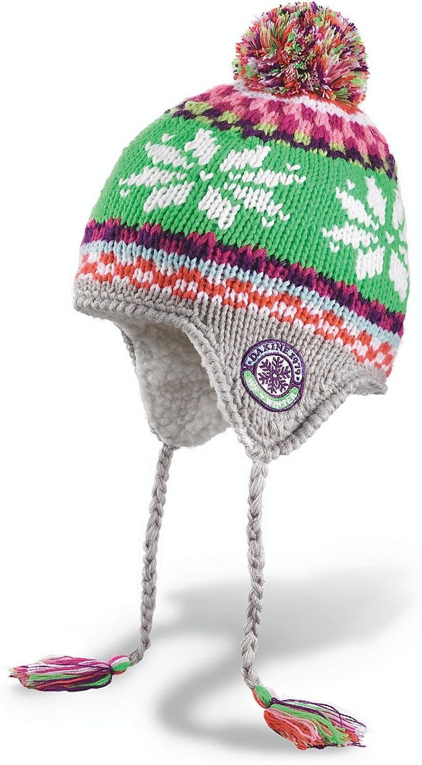Women’s knit beanie in green with multicolor pom, white pattern, grey cuff and logo patch