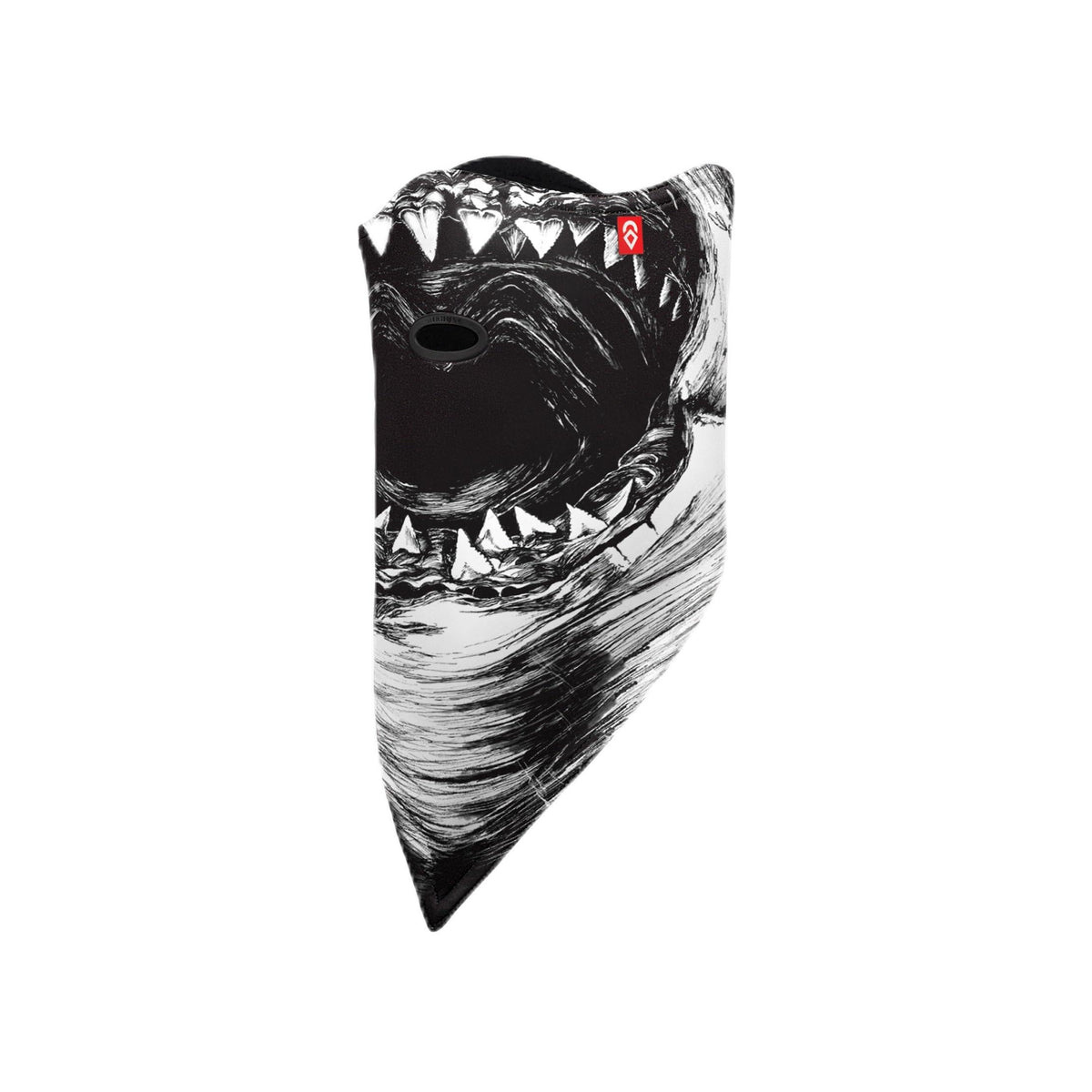Sports face mask, black and white graphic print with small logo patch and oval eye opening