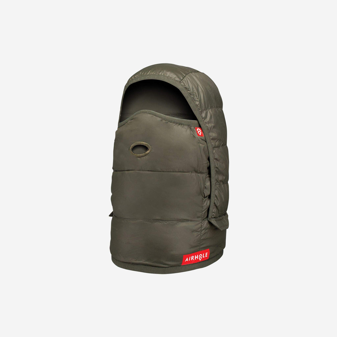 Airhole packable insulated headwear, olive green hood with vent eyelets and logo patch