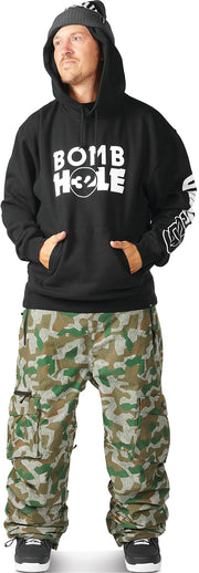Men's camo snow cargo pants shown with drawstring ankle cuffs and cargo side pockets