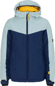 Girls' snow jacket with hood and full-zip front, light blue and navy colorblock