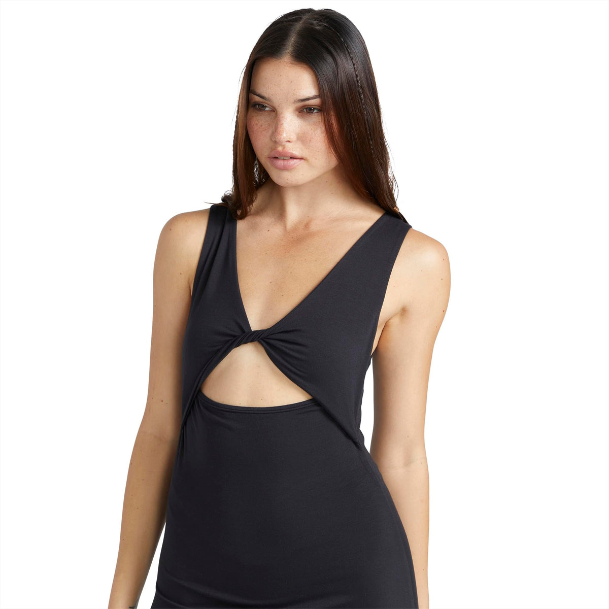 Black sleeveless midi dress with V-neck and knotted cutout chest