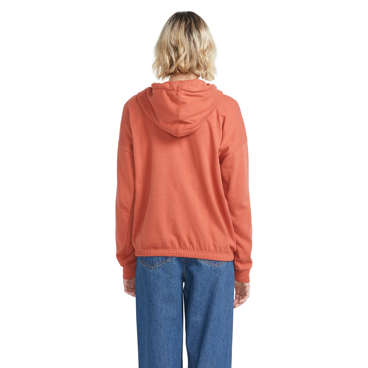 Women's rust zip fleece hoodie jacket, back view with hood and logo patch