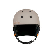Matte putty snow helmet with black inner lining, front vents, and adjustable straps