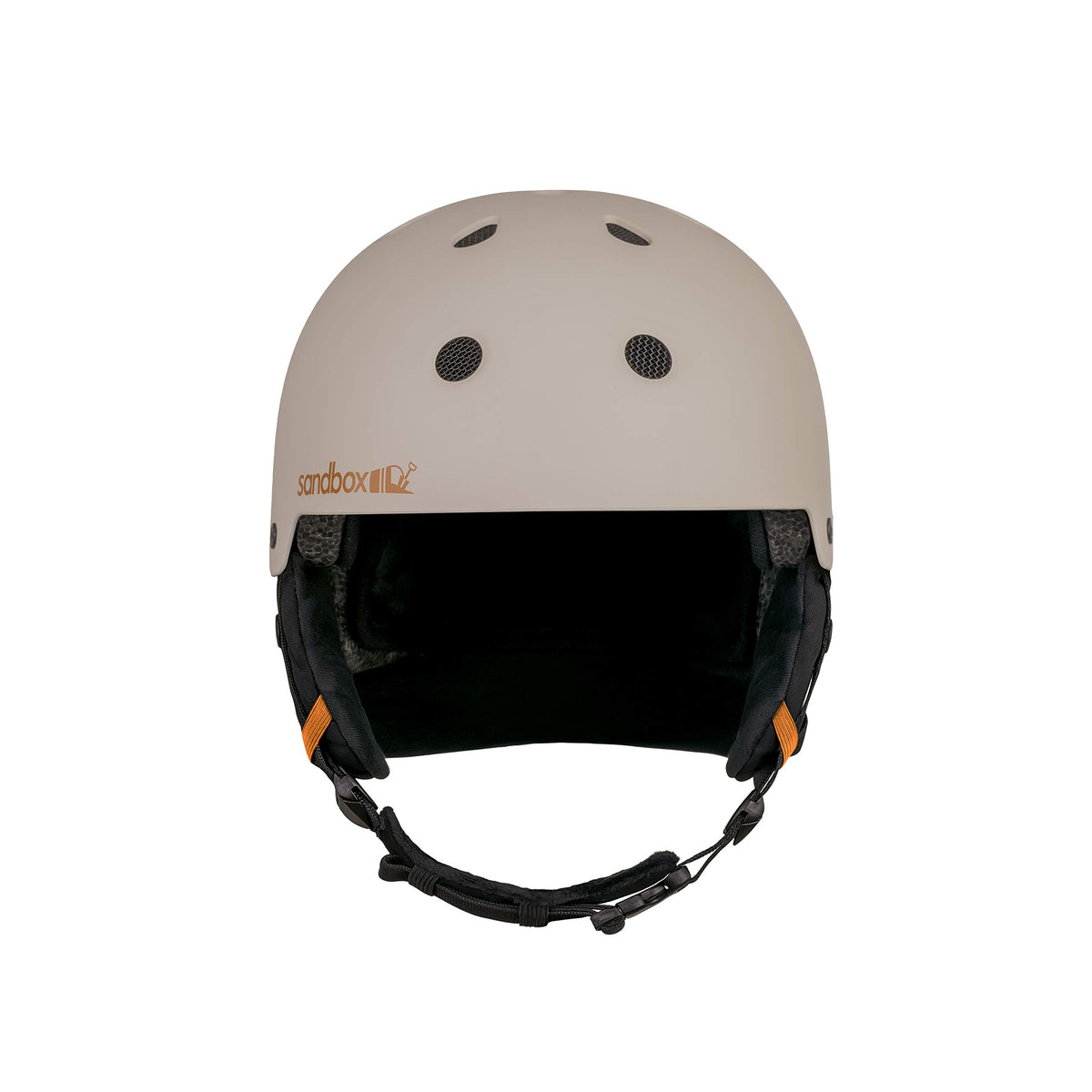 Matte putty snow helmet with black inner lining, front vents, and adjustable straps