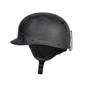 Black camo low-profile ski helmet with side mount vents and chin strap