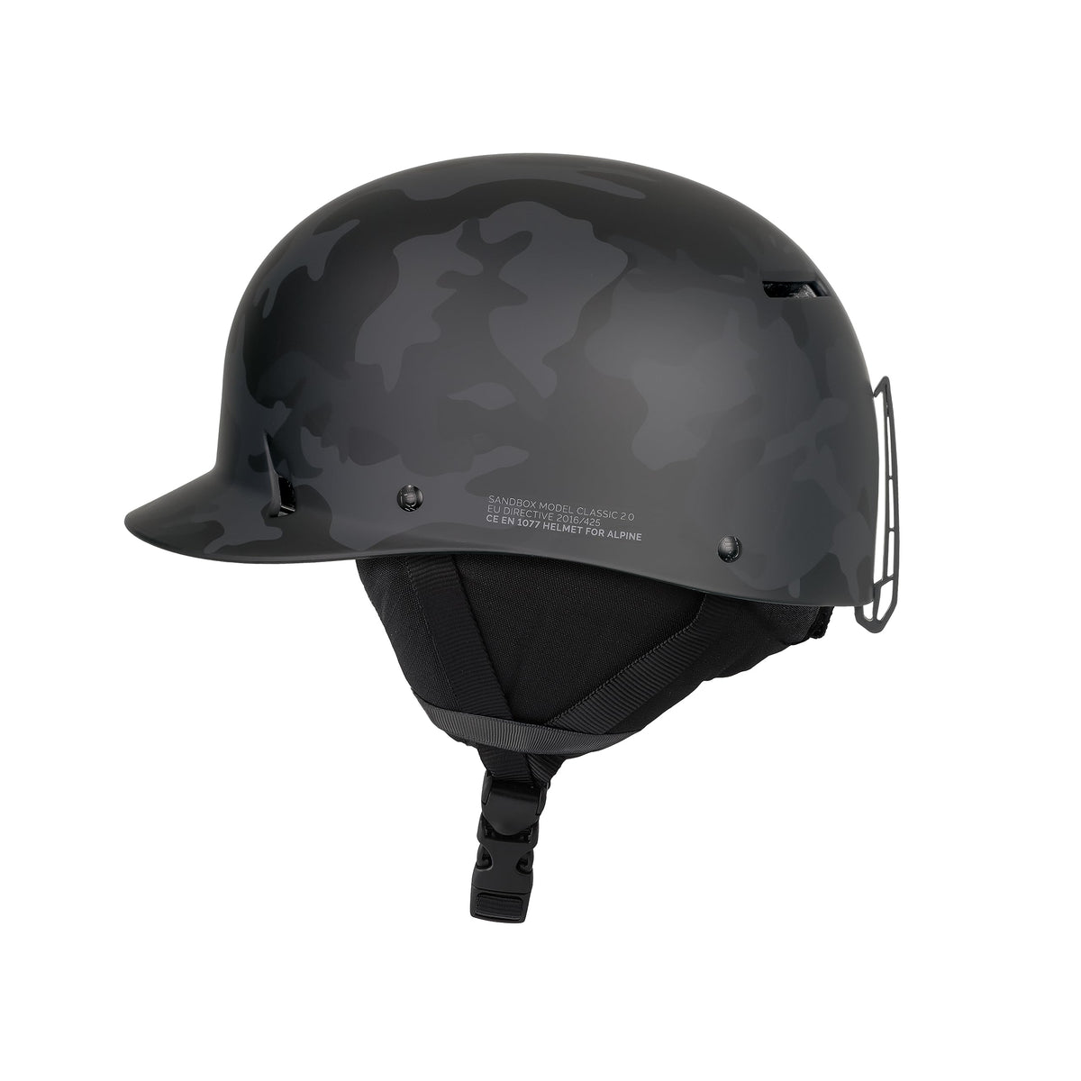 Black camo low-profile ski helmet with side mount vents and chin strap