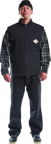 Men's black insulated vest with zip front, flap pockets, and diamond logo patch