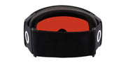 Oakley snow goggles with black strap and orange-red mirrored lens