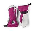 Fuchsia junior ski mittens with white cuffs, logo patch, and adjustable wrist strap