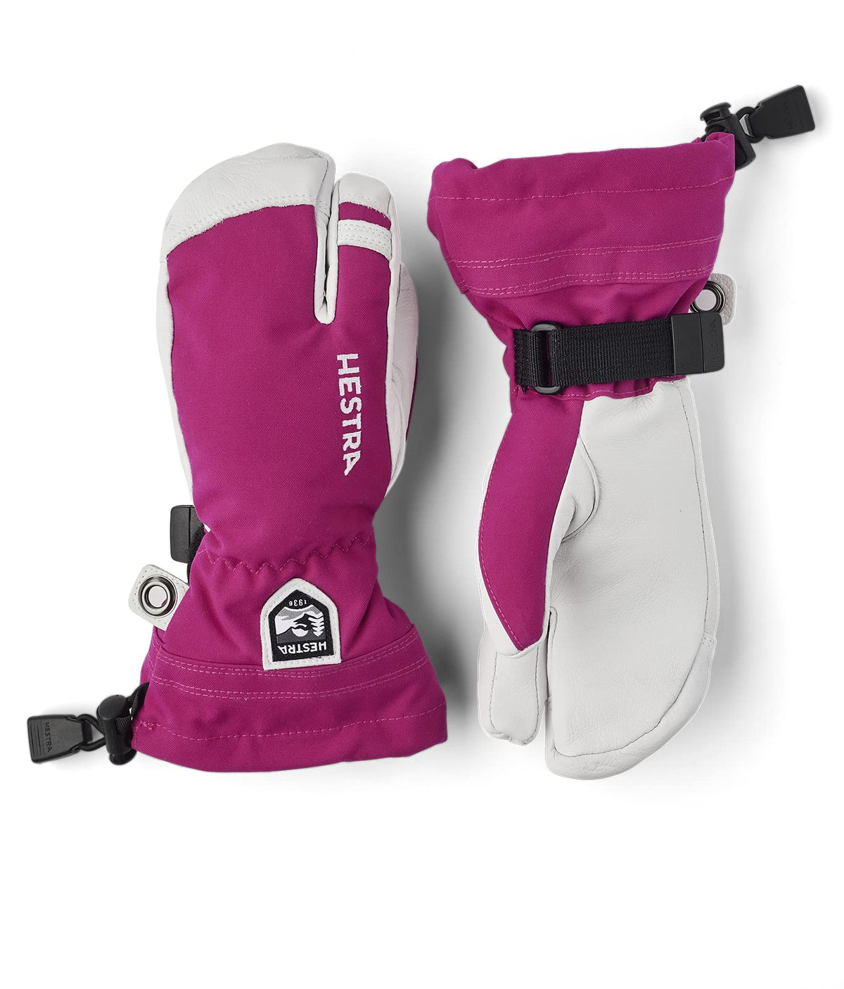 Fuchsia and white junior ski mittens with wrist strap and waterproof shell