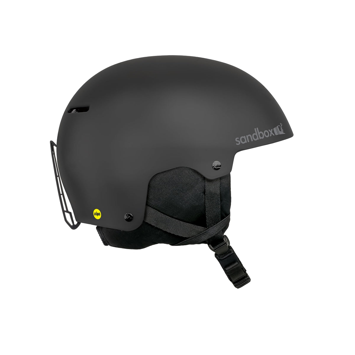 Black snow helmet with chin strap and side safety vent, matte finish.