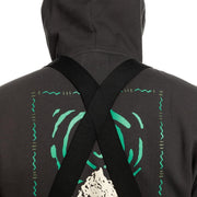 Black bib strap panel with neon green logo graphic