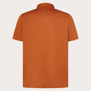 Men's orange polo shirt back view with short sleeves and ribbed collar