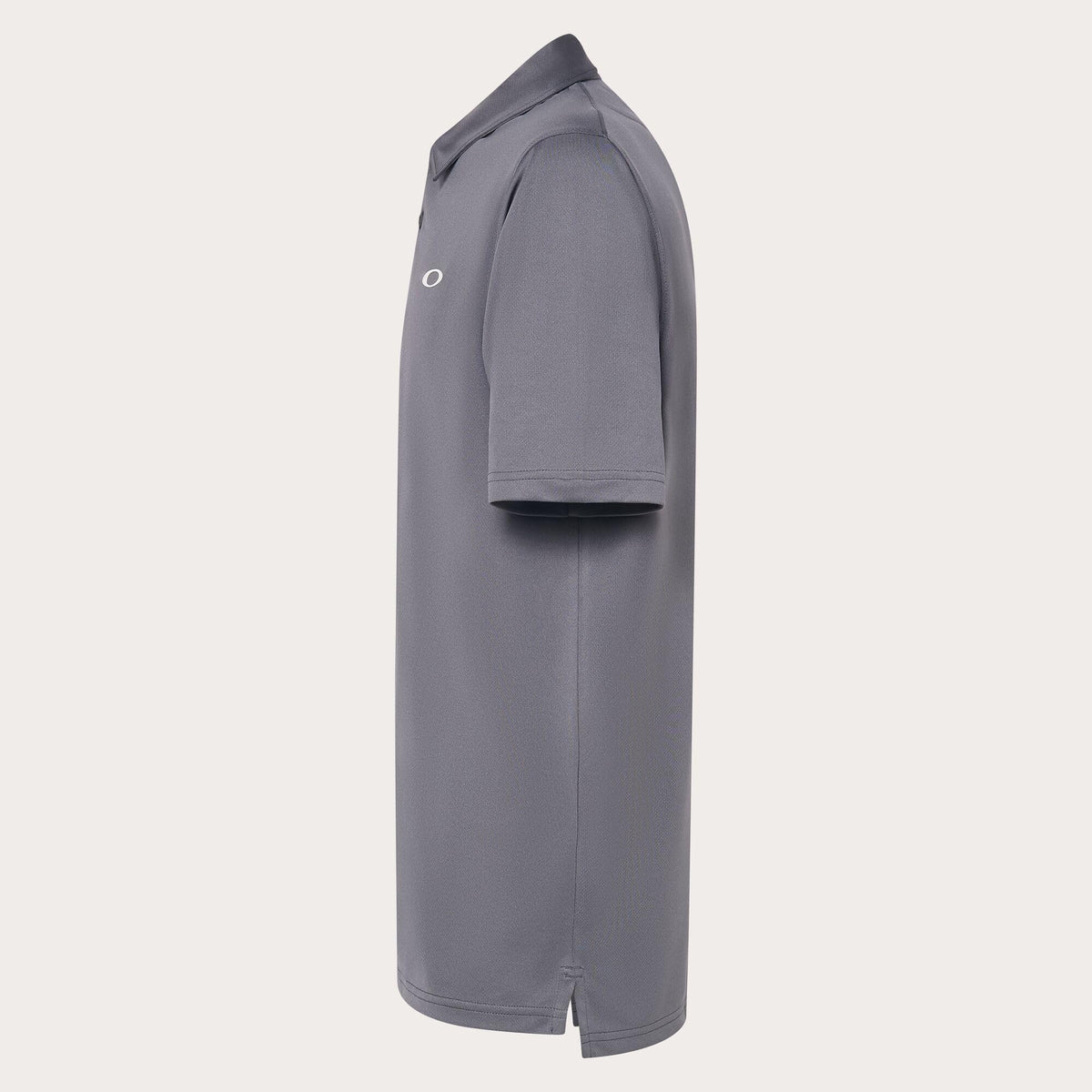 Men's dark gray polo shirt side view with short sleeves and collar