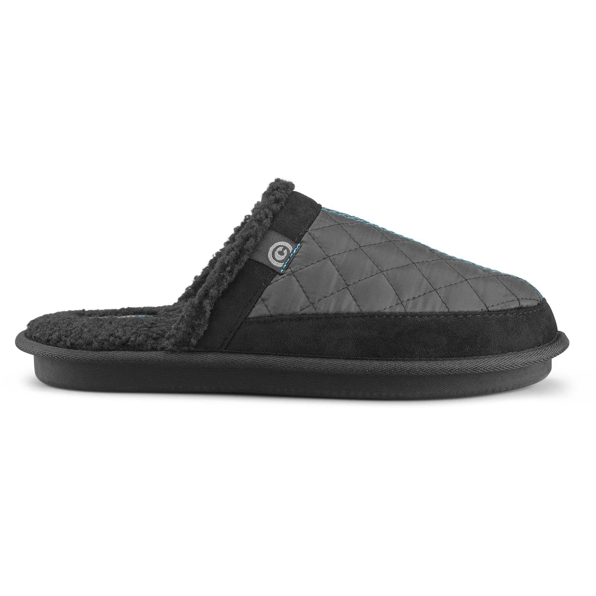 Black quilted mule slipper with sherpa lining and slip-on strap