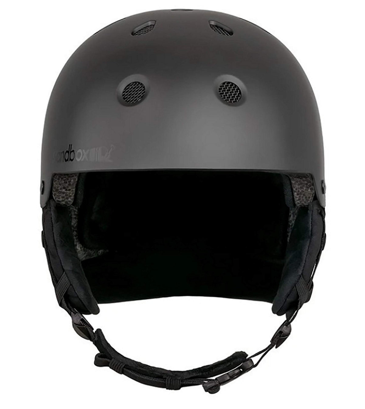 Matte black snow helmet with vent holes, padded interior, and front chin straps
