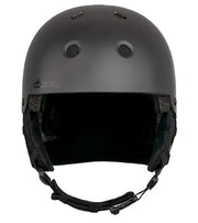 Matte black snow helmet with vent holes, padded interior, and front chin straps
