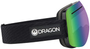Snow goggles with wide green mirrored lens and DRAGON logo on black strap