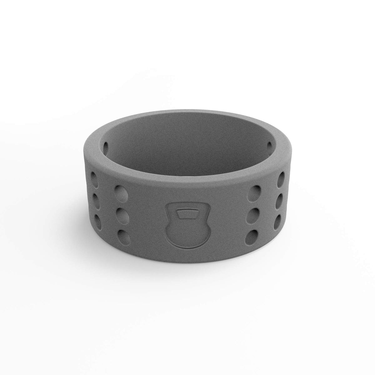 Men's gray silicone ring, wide band with perforations and shield logo on front