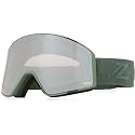 Gray snow goggles with light-tint lens and green fabric strap