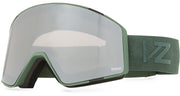Snow goggles with gray mirrored lens and green camo strap with VZ logo