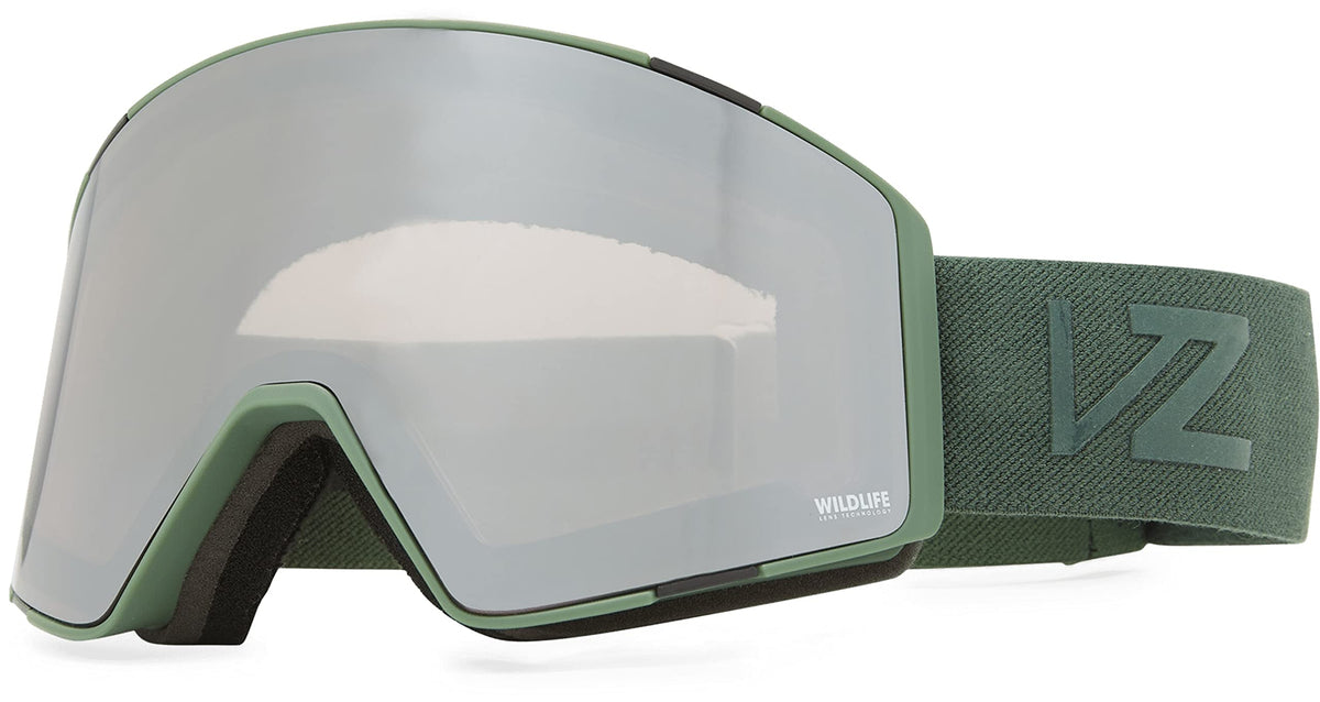 Snow goggles with gray mirrored lens and green camo strap with VZ logo