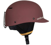 Matte burgundy snow helmet with black ear pads and orange inner lining