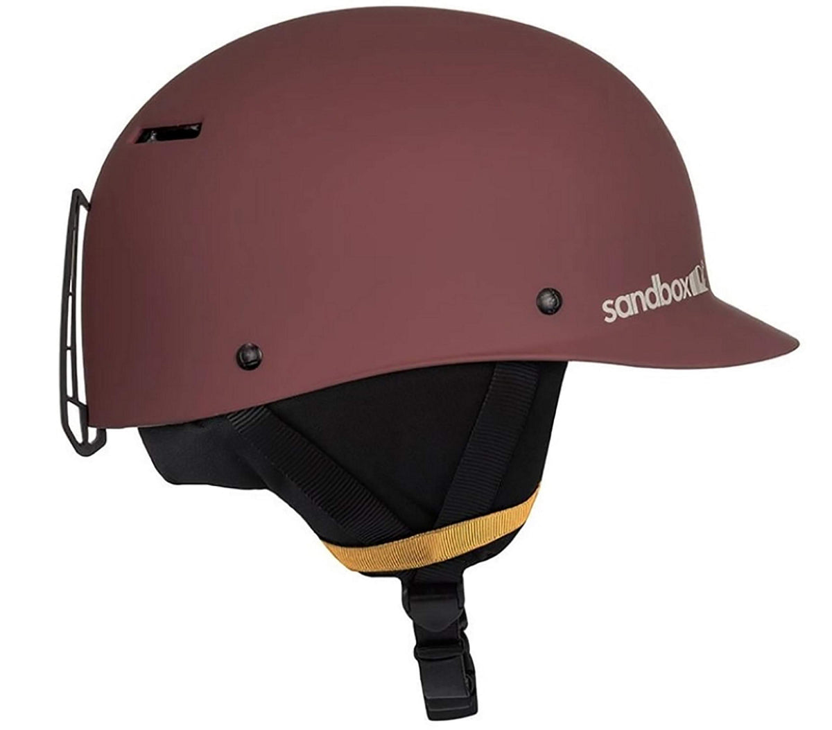 Matte burgundy snow helmet with black ear pads and orange inner lining