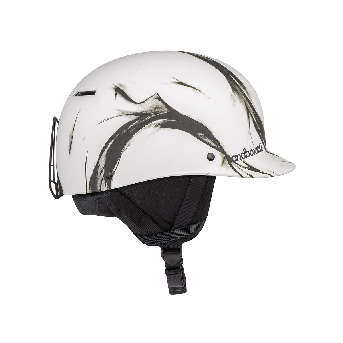 Low profile ski and snowboard helmet, matte white with black graphic, chin strap
