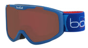 Blue ski goggles with brown lens and textured dark-blue strap