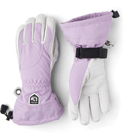 Hestra women’s heli-ski gloves in lavender purple with offwhite fingers, wrist strap
