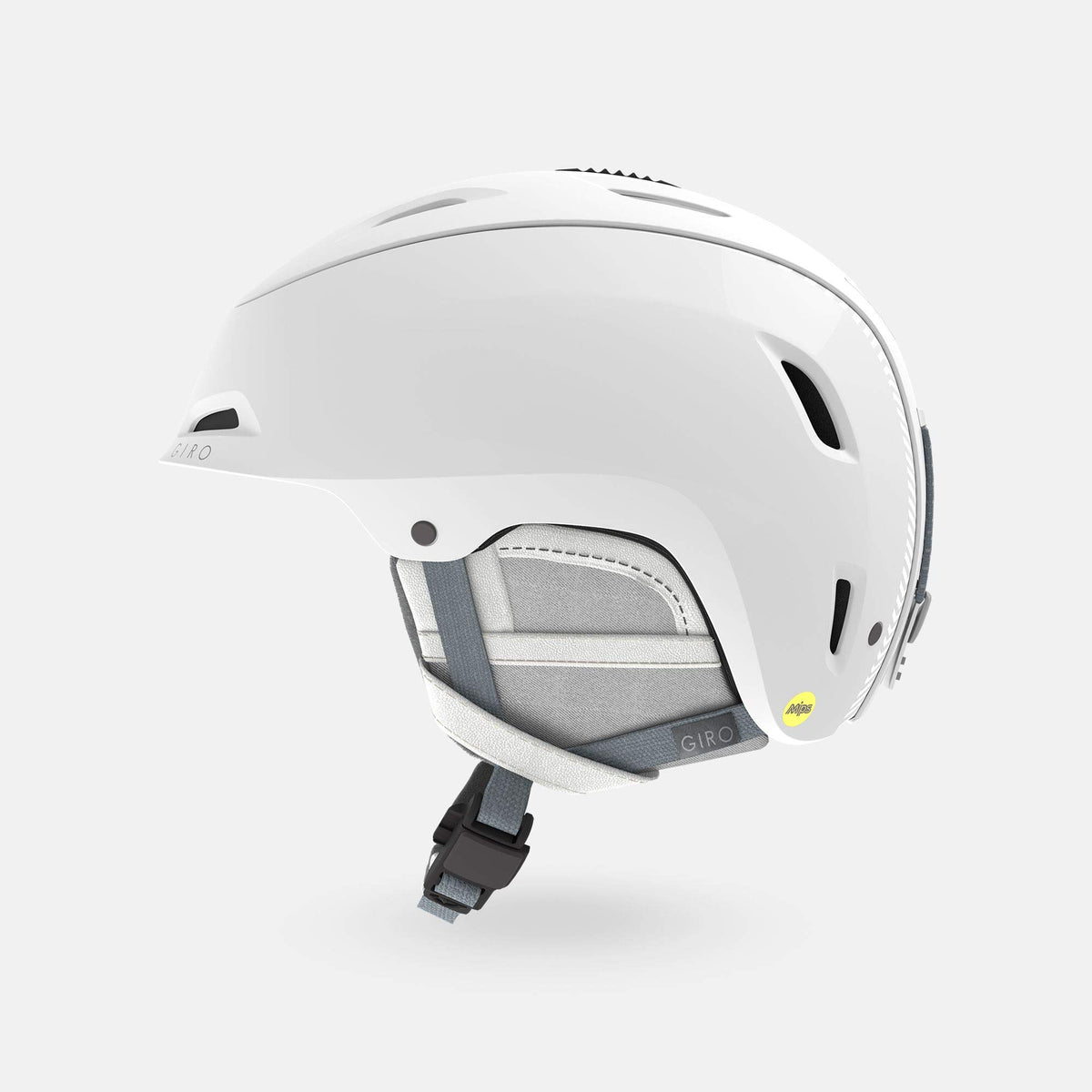 Giro Stellar snow helmet, white shell with gray chin guard and vents