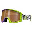Snow goggles with neon green and purple frame and amber tinted lens.