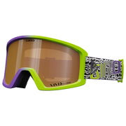 Snow goggles with neon green and purple frame and amber mirrored lens.
