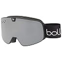 Black snow goggles with gray lens and wide fabric strap, side view