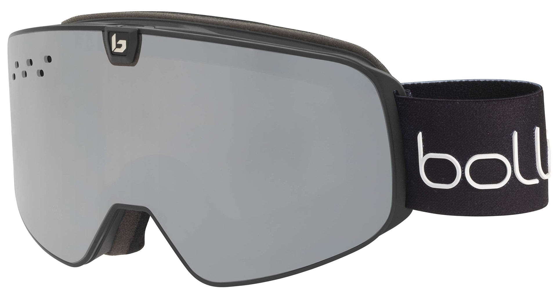 Black snow goggles with gray lens and adjustable fabric strap