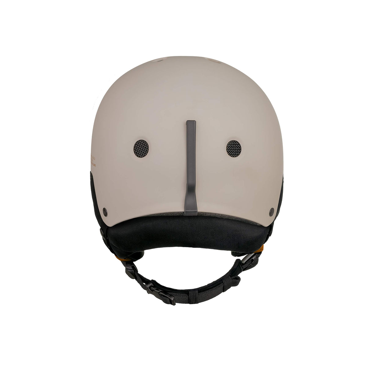Matte putty snow helmet with central rear vent, black chin strap, and padded rim