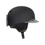 Black snow helmet with side camo panel, chin strap, and vented front shell
