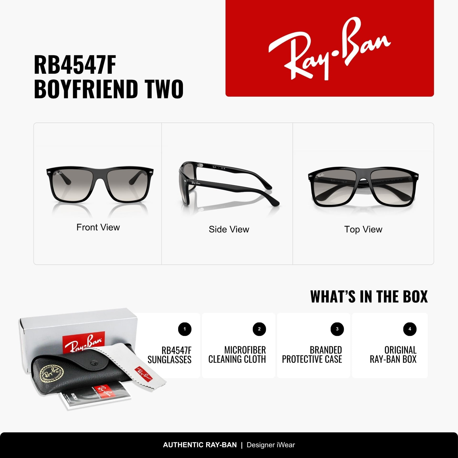 Ray-Ban Boyfriend Two RB4547F Sunglasses - Black / Large - 8056597957885 - Additional Image 1