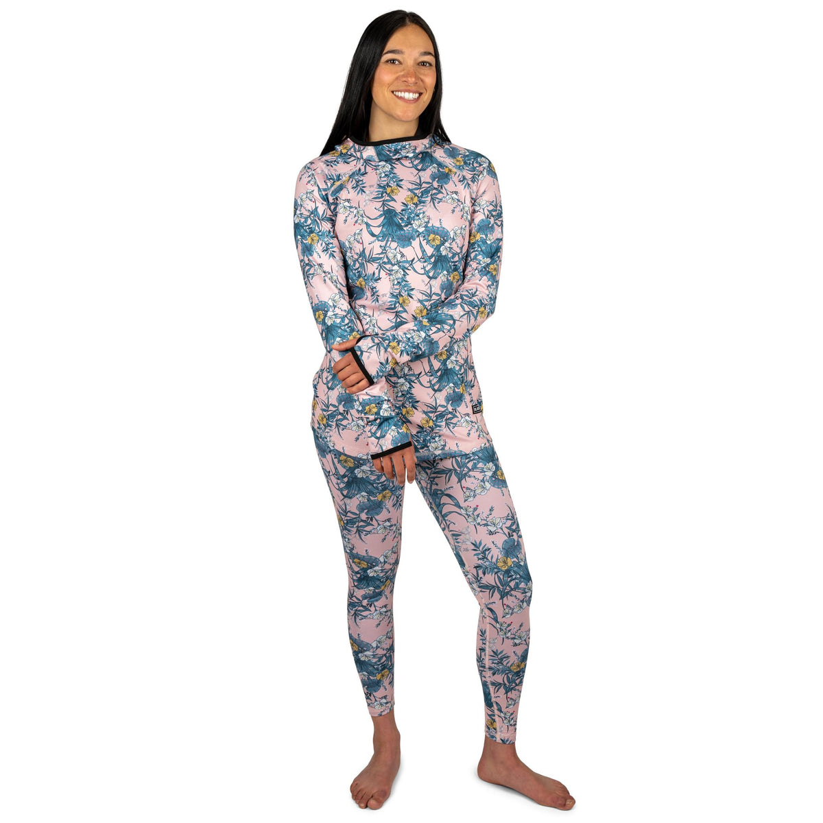 Hooded long-sleeve top with floral print, worn with matching leggings in pink and blue