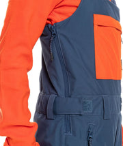 Boys' insulated snowboard bib overalls, orange top with blue bib, front zipper and pockets