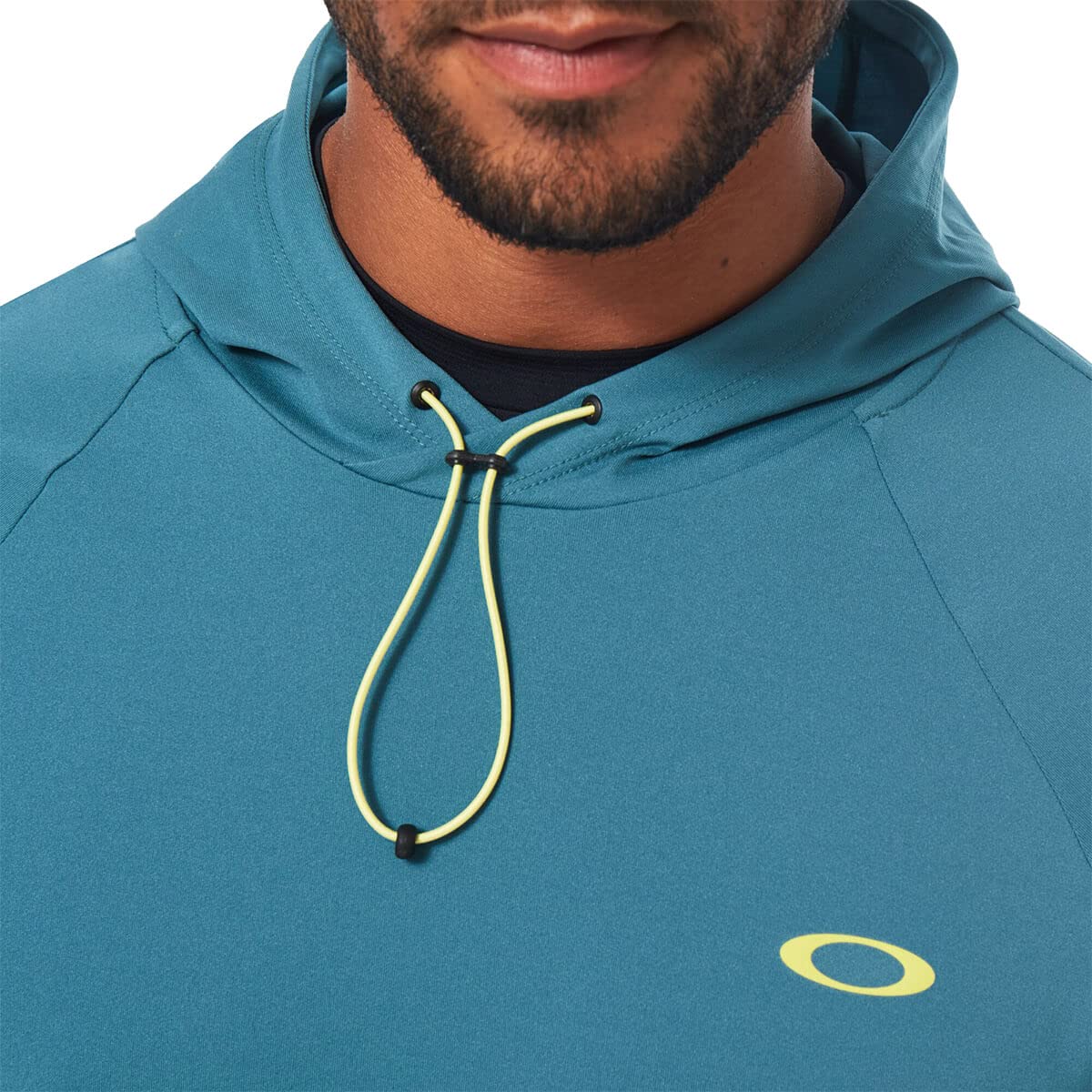 Men's teal hooded pullover with yellow drawstring and small chest logo