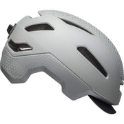 Grey cycling helmet with ventilation holes and adjustable chin strap