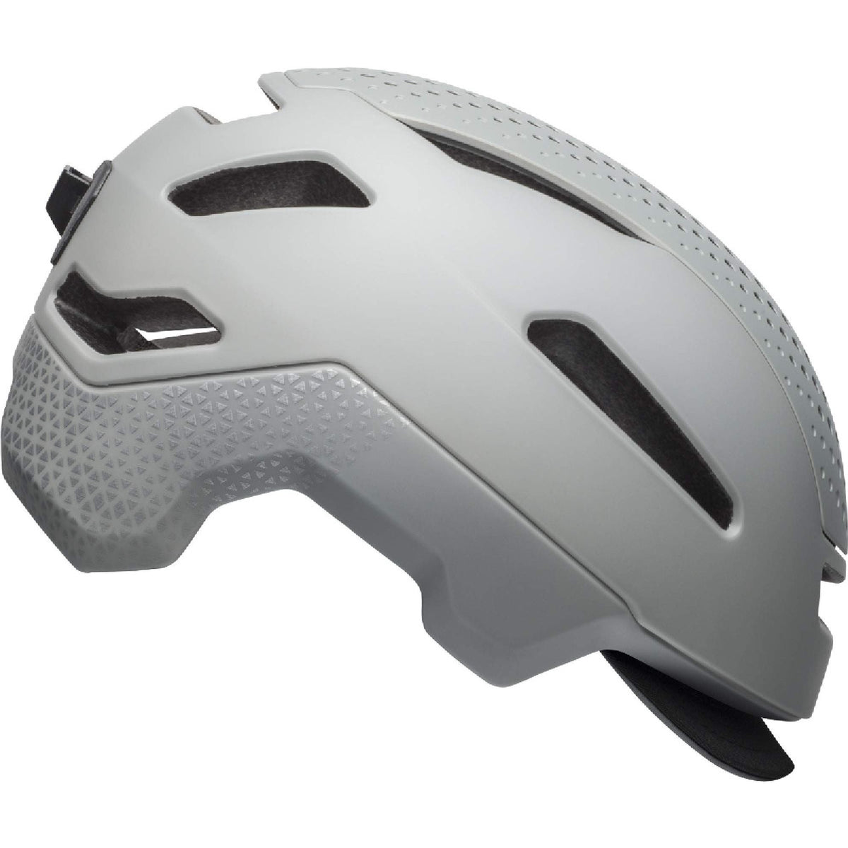 Grey cycling helmet with ventilation holes and adjustable chin strap