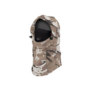 Camouflage fleece balaclava hood with inner opening and drawcord tabs