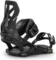 Black snowboard binding with highback, padded ankle strap, and adjustable toe strap