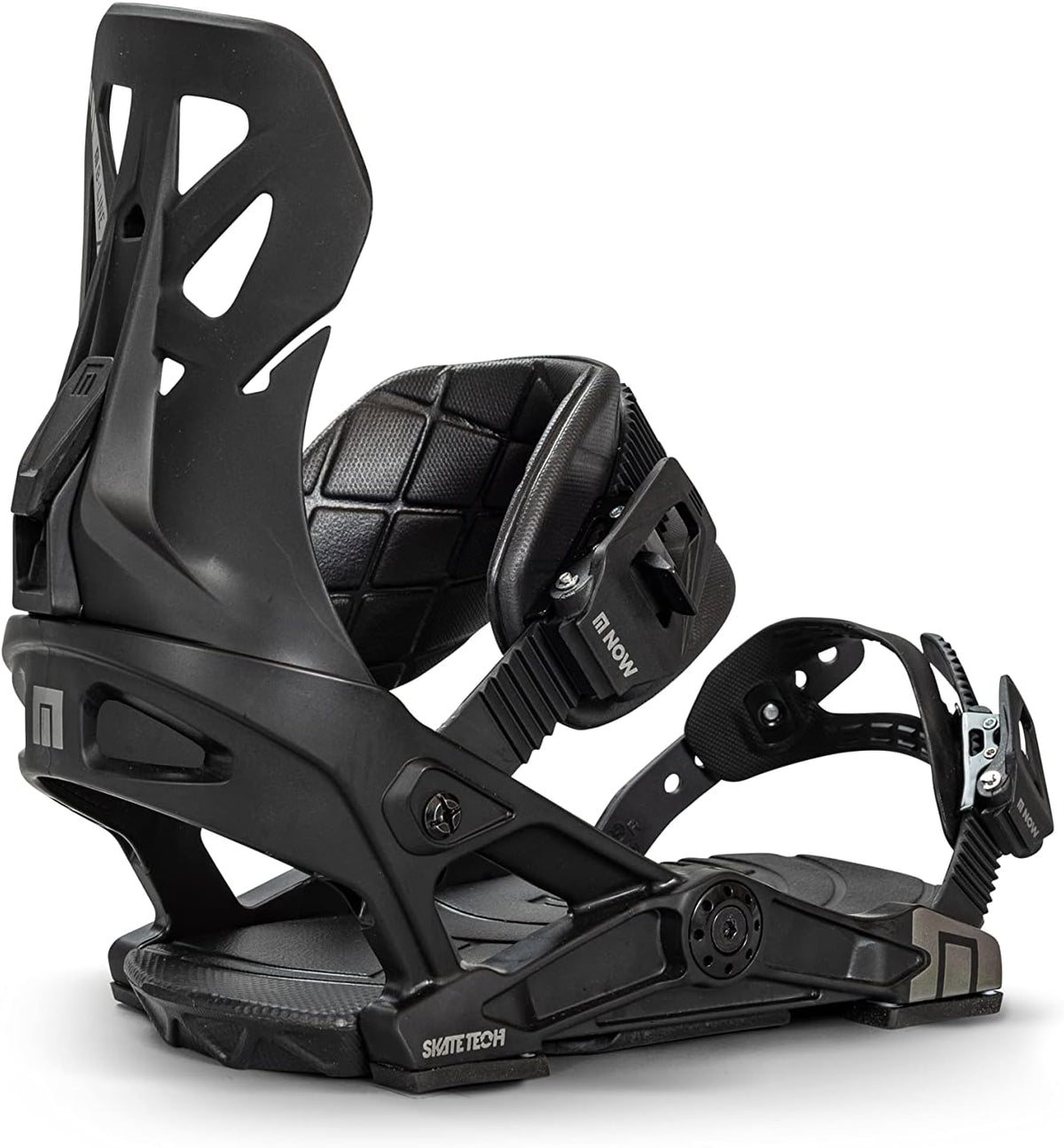 Black snowboard binding with highback, padded ankle strap, and adjustable toe strap
